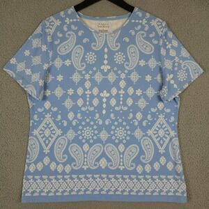 Talbots Shirt Womens XL Blue White Paisley Print The Talbots Tee Casual Stretch